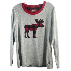 Eddie Bauer Sleepwear Waffle Top Women's Small Gray Plaid Reindeer Motif Holiday
